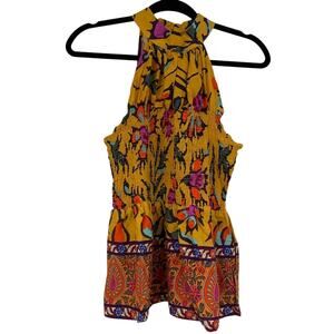 Haute Hippie Mustard Yellow Floral Print Halter Smocked Boho Blouse L Sleeveless